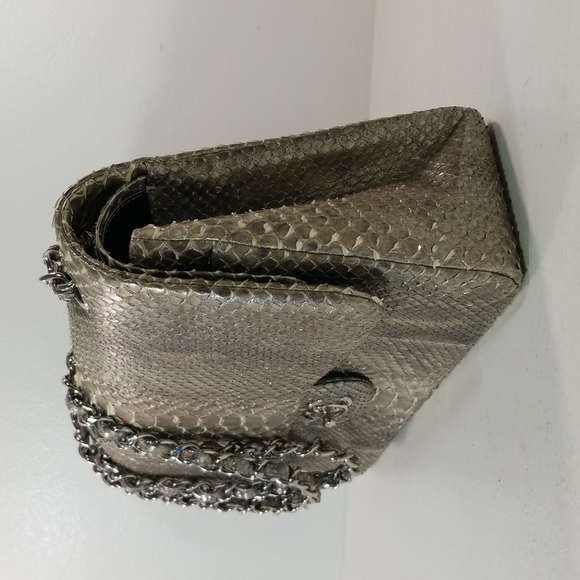 CHANEL Bags Chanel Classic Double Flap Silver Metallic Python Snakeskin Jumbo Bag Rare